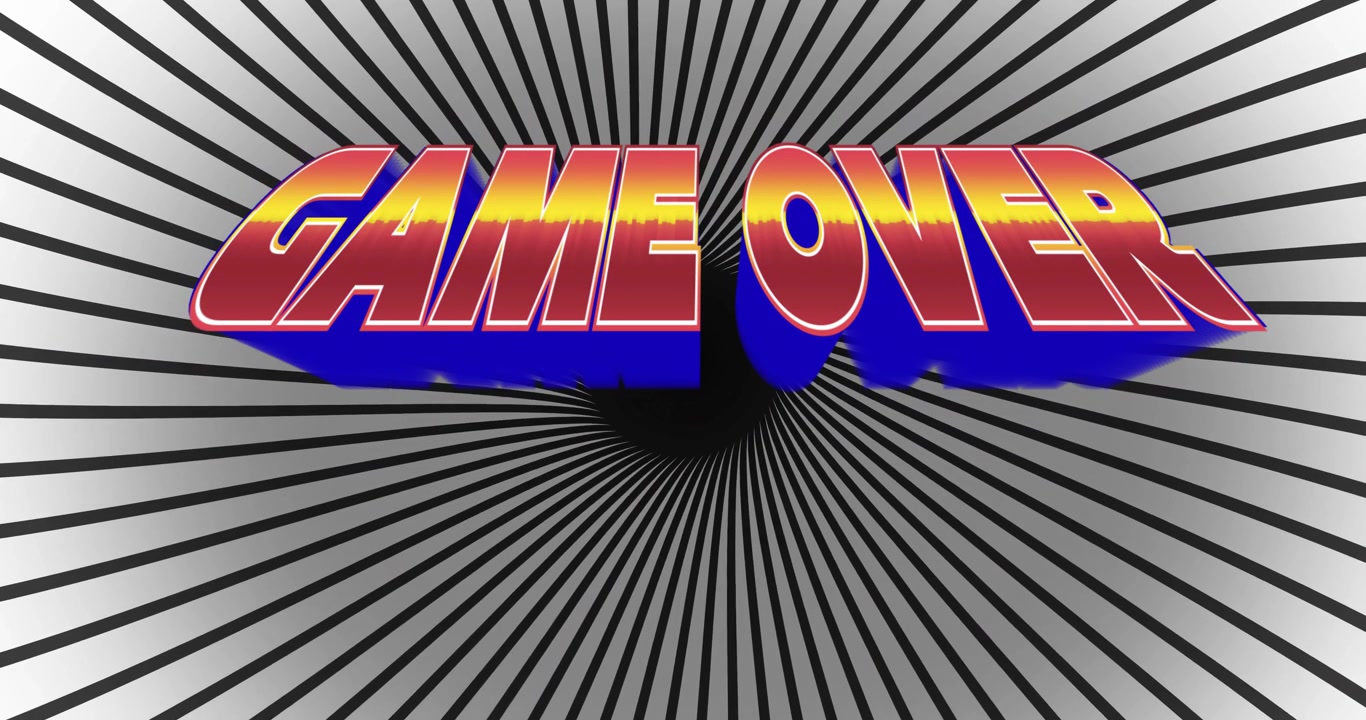 Initially showing blue base, 3D GAME OVER title shifting into warm gradient pulsing tunnel ending