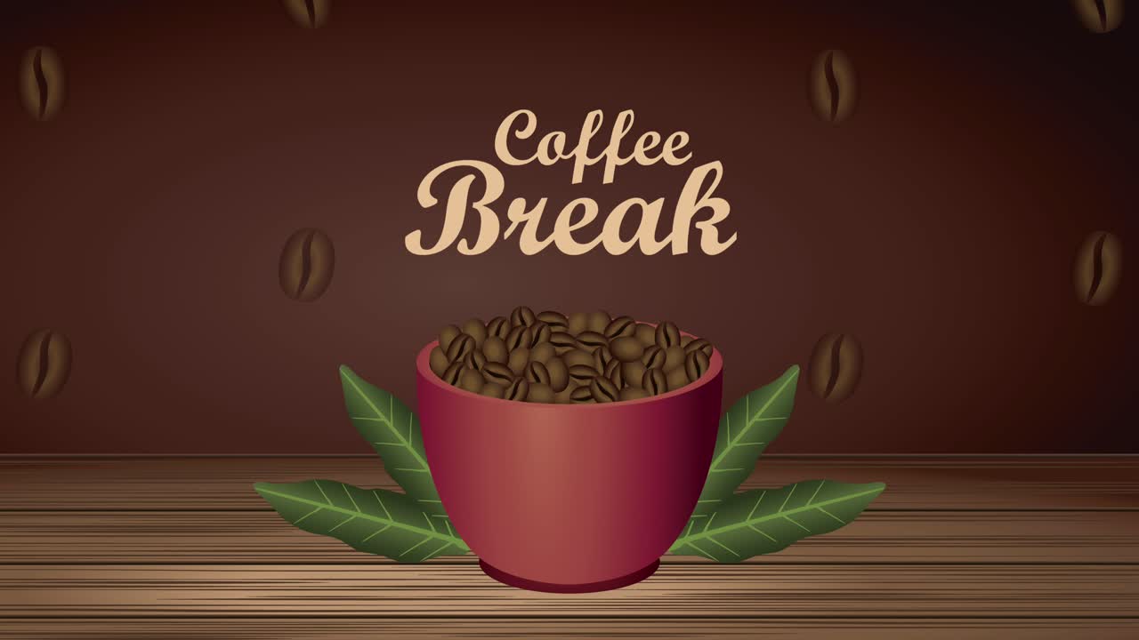 coffee break lettering animation with grains in cup