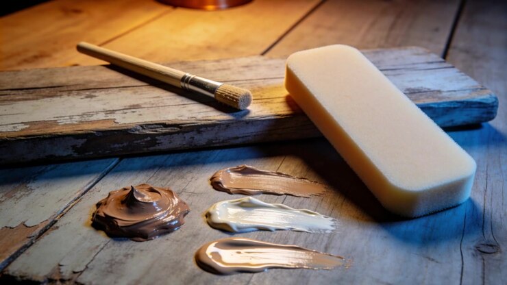Revealing makeup tones changing on wood table with sponge, brush, swatches as lamp base brightening