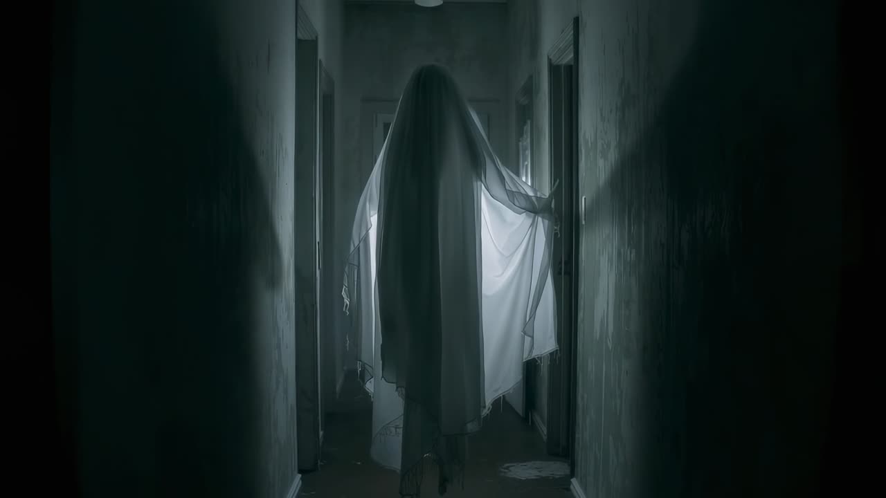 Flickering bulb initiating ghostly figure drifting down corridor, revealing tattered sheet