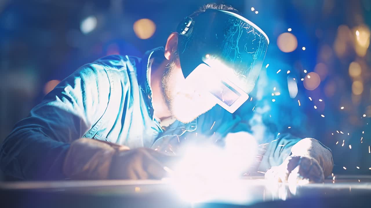 A Skilled Welder Engaged in Metal Fabrication, Fusing Materials with Precision in a Dimly Lit Workshop Surrounded by Glowing Sparks and Vibrant Light Effects