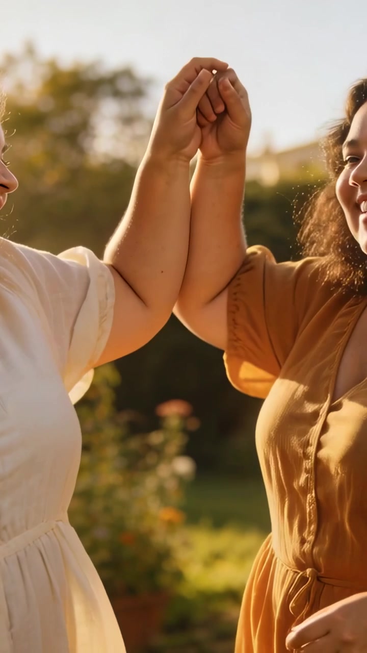 Video verticale: Donne sorridenti in abiti che alzano le braccia, volteggiando giocosamente in un giardino al tramonto, anello.