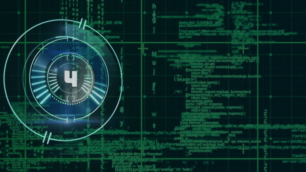 Countdown timer over neon round scanner against grid network and data processing on black background