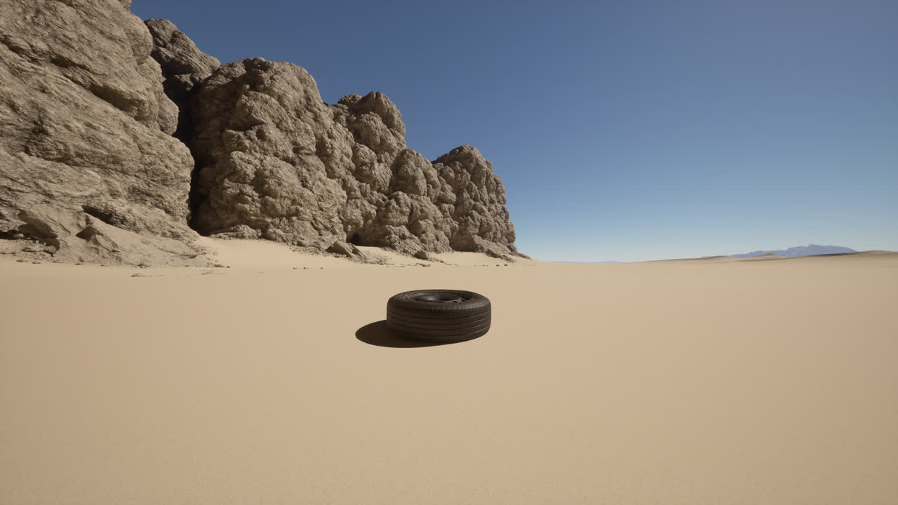 한 개의 타이어는 사막의 모래에 누워 있습니다.