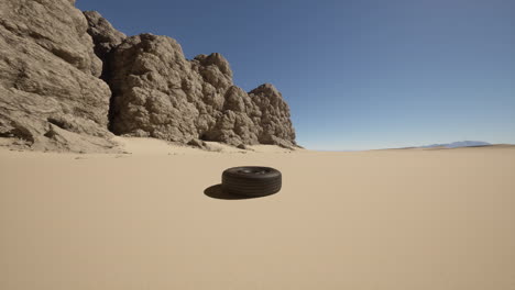 a single tire lies in the sand of a desert landscape