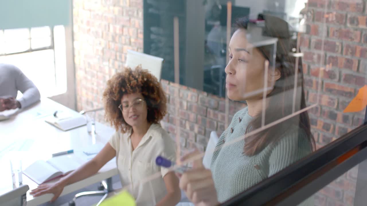 Colegas diversos e diversas em discussão, fazendo brainstorming em uma parede de vidro no escritório, em câmera lenta.