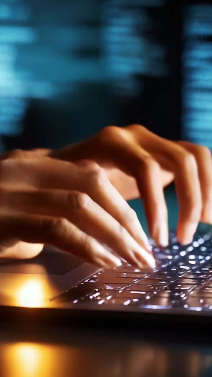 Hands Typing on a Keyboard in a Dimly Lit Environment, Displaying Focus and Intensity of Work with Glowing Keys and Abstract Digital Background Elements