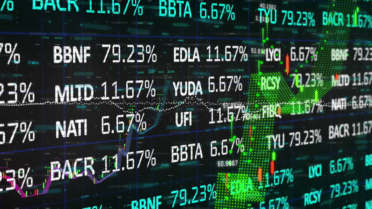 Animazione dell’elaborazione di dati finanziari e del mercato azionario su sfondo blu