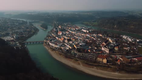 Wasserburg-am-Inn,-old-medieval-town-in-Bavaria,-Germany,-surrounded-by-epic-river-bend