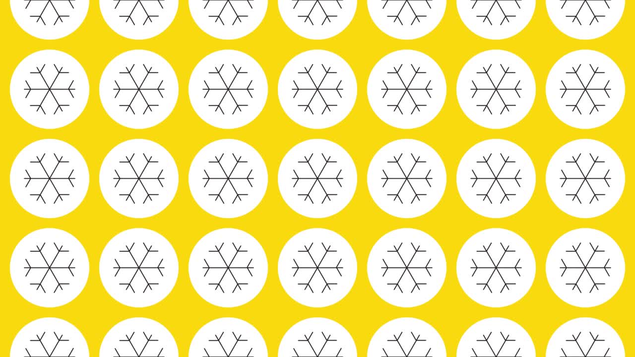 노란색 배경에 검은색 동적 선 패턴과 함께 색 원에 있는 스노우플레이크 아이콘.