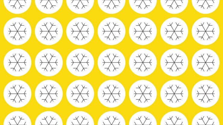 Snowflake icon in white circle with black dynamic line pattern on a yellow background. Seamless loop dynamic pattern with regular symbols rotating around