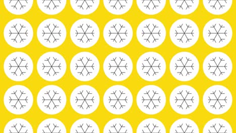 icono de copo de nieve en círculo blanco con patrón de línea dinámica negra en un fondo amarillo. patrón dinámico de bucle sin costuras con símbolos regulares girando alrededor
