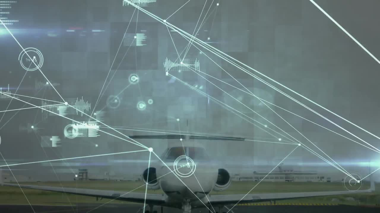 animación de redes de conexiones y procesamiento de datos sobre el avión en el aeropuerto