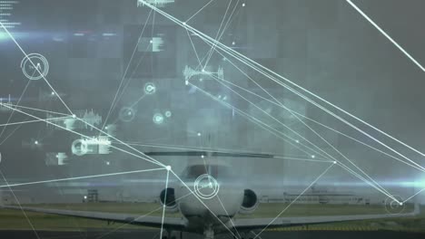 Animation-of-networks-of-connections-and-data-processing-over-plane-at-airport