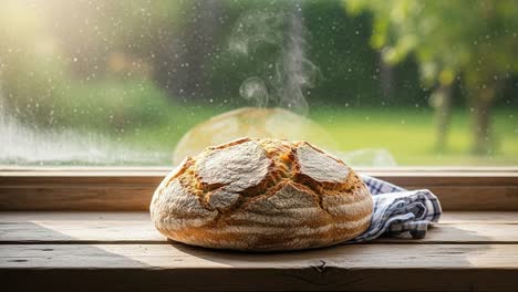 Freshly Baked Bread on a Wooden Table near the Window, Capturing the Warmth and Aroma of Home-Baking with Sunlight Streaming and Soft Greenery in the Background