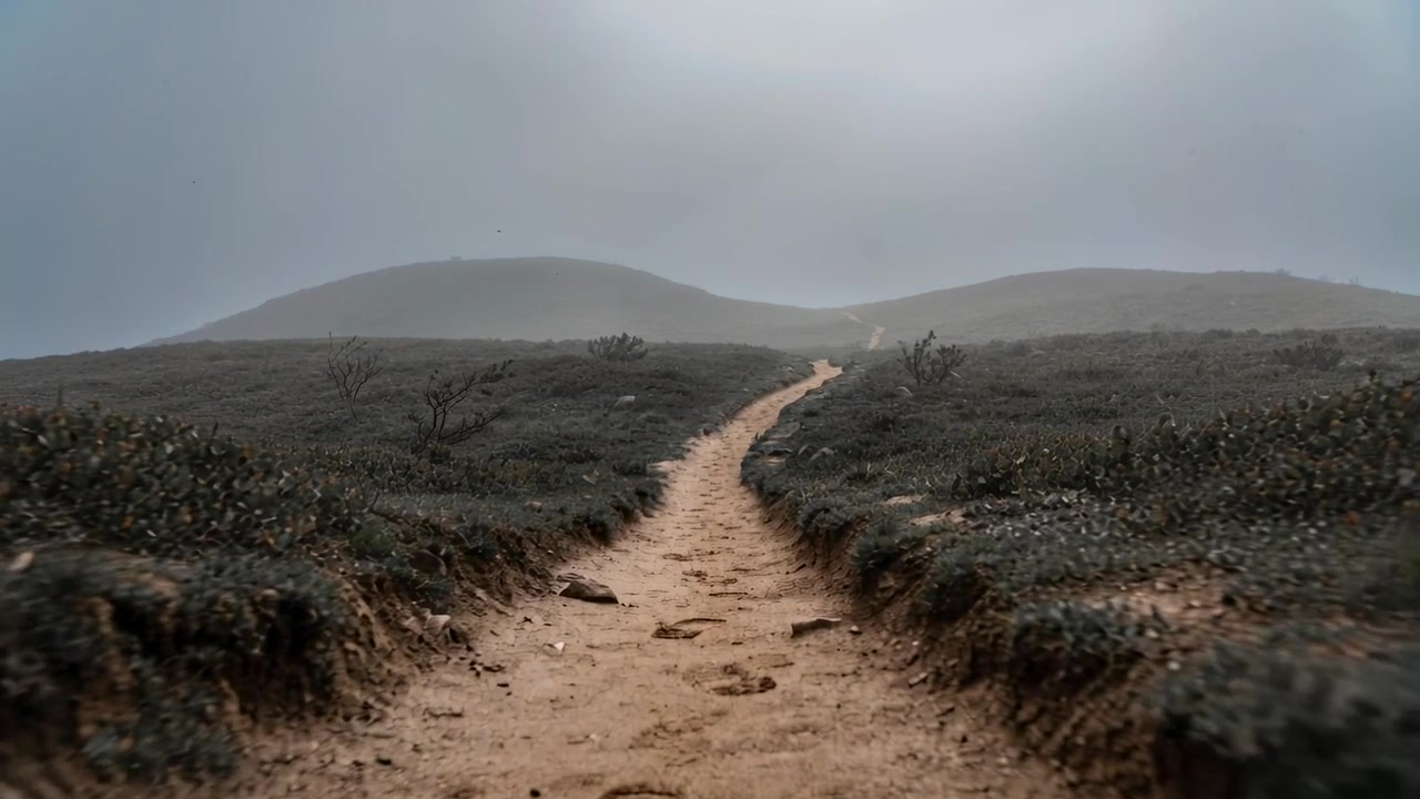 Iniciando el avance, la cámara se mueve por un sendero arenoso hacia colinas brumosas en las dunas, mostrando huellas.