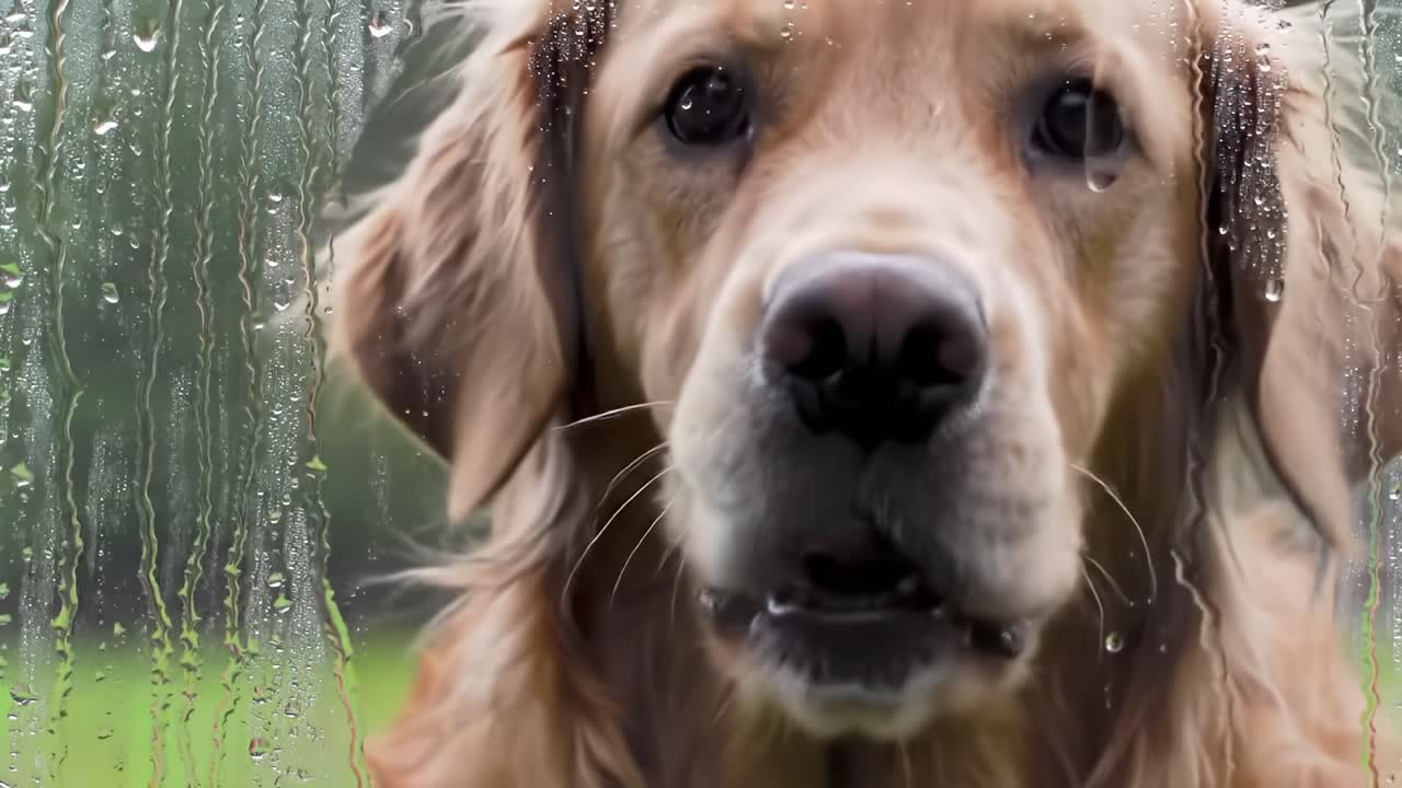 A Golden Retriever's Expressions: Captivating Moments Through a Rainy Window, Showcasing Emotion and Curiosity in Adverse Weather Conditions