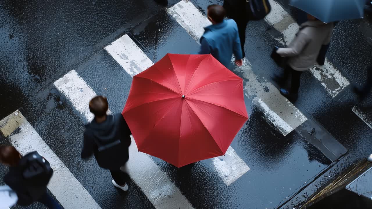 Un ombrello rosso spicca in un attraversamento pedonale urbano bagnato. Persone attraversano la strada sotto un cielo piovoso. Le gocce di pioggia riflettono la luce sul marciapiede bagnato. I pedoni si affrettano, alcuni con ombrelli. La scena cattura il trambusto quotidiano della città.