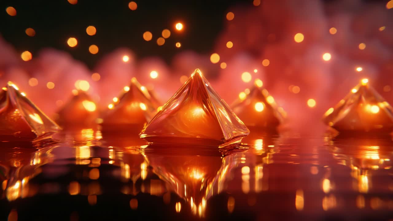 A captivating display of luminous triangular shapes reflected on a still surface, surrounded by a dreamy ambiance of glowing particles and soft, colorful wisps creating a serene and enchanting atmosphere