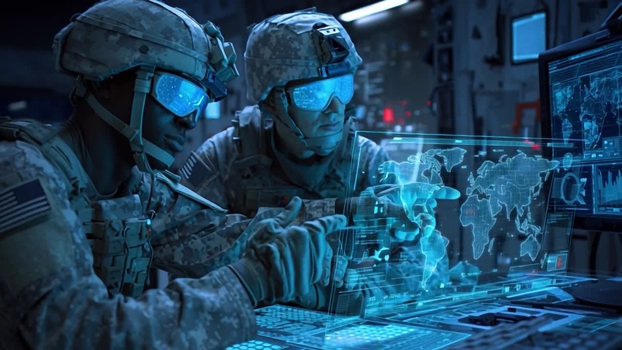 Soldiers analyzing data with advanced technology in a control room