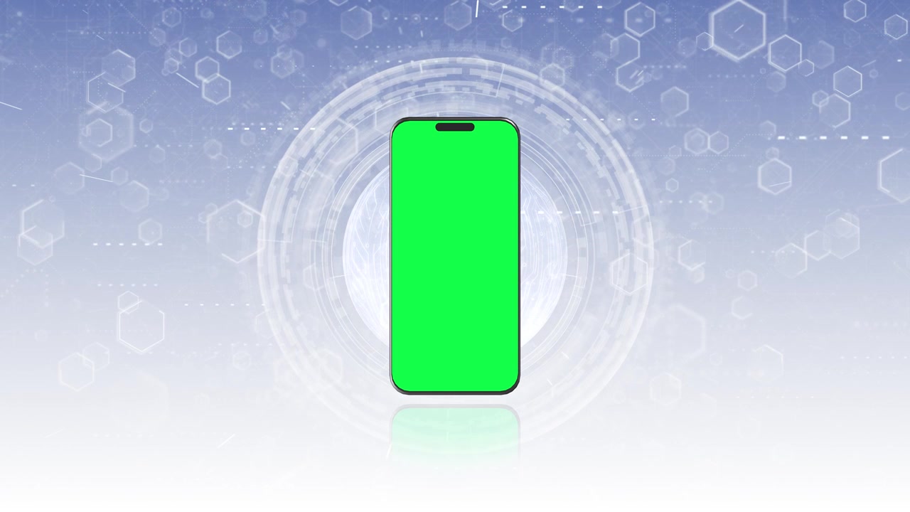 Mobile app preview screen bright green placeholder tech interface background floating hex details