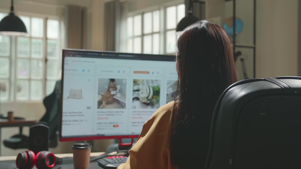 Business Woman Using Desktop Computer Shopping Online At Office
