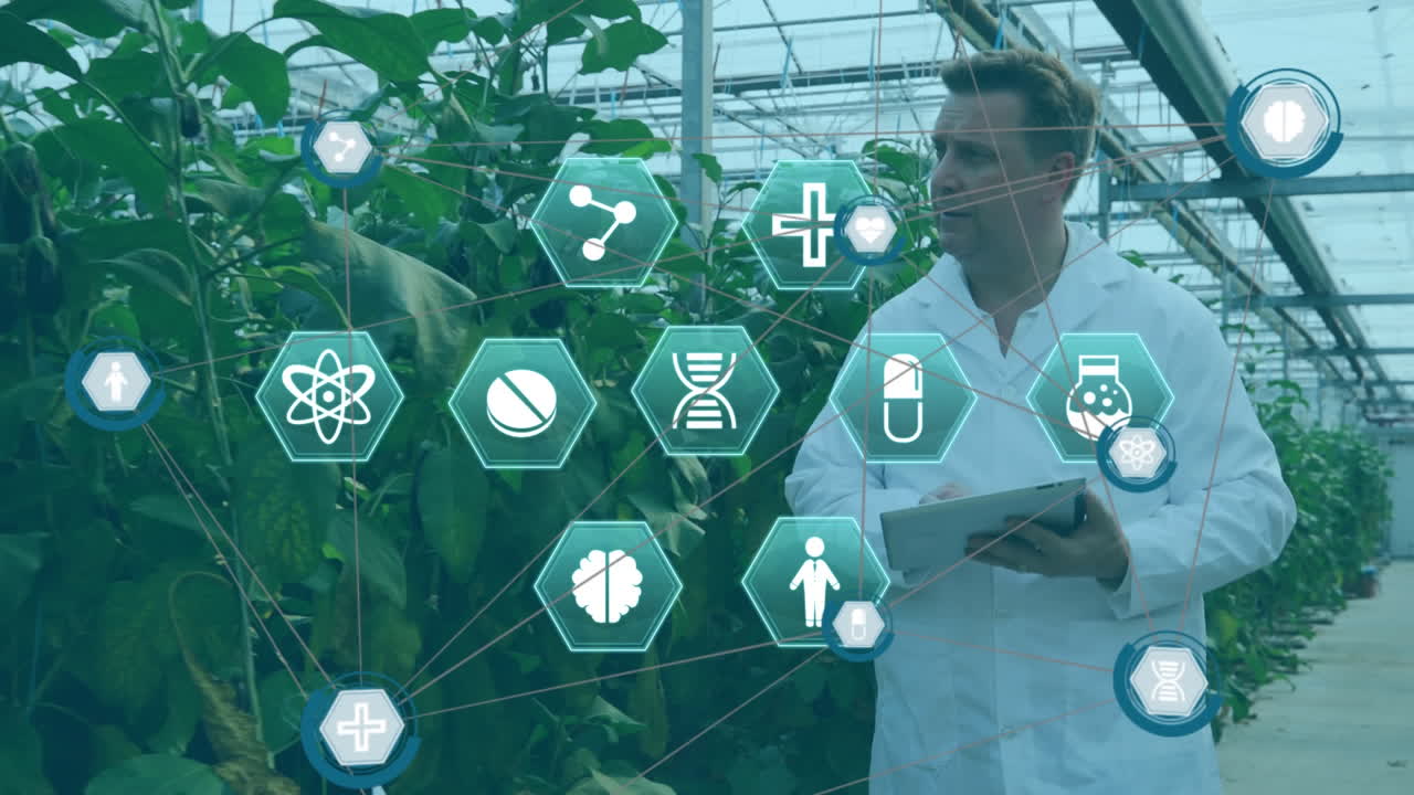 iconos médicos contra el científico masculino que trabaja en un laboratorio de invernadero