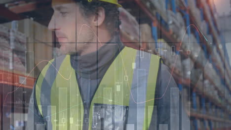 animación de estadísticas y procesamiento de datos financieros sobre el hombre que trabaja en el almacén
