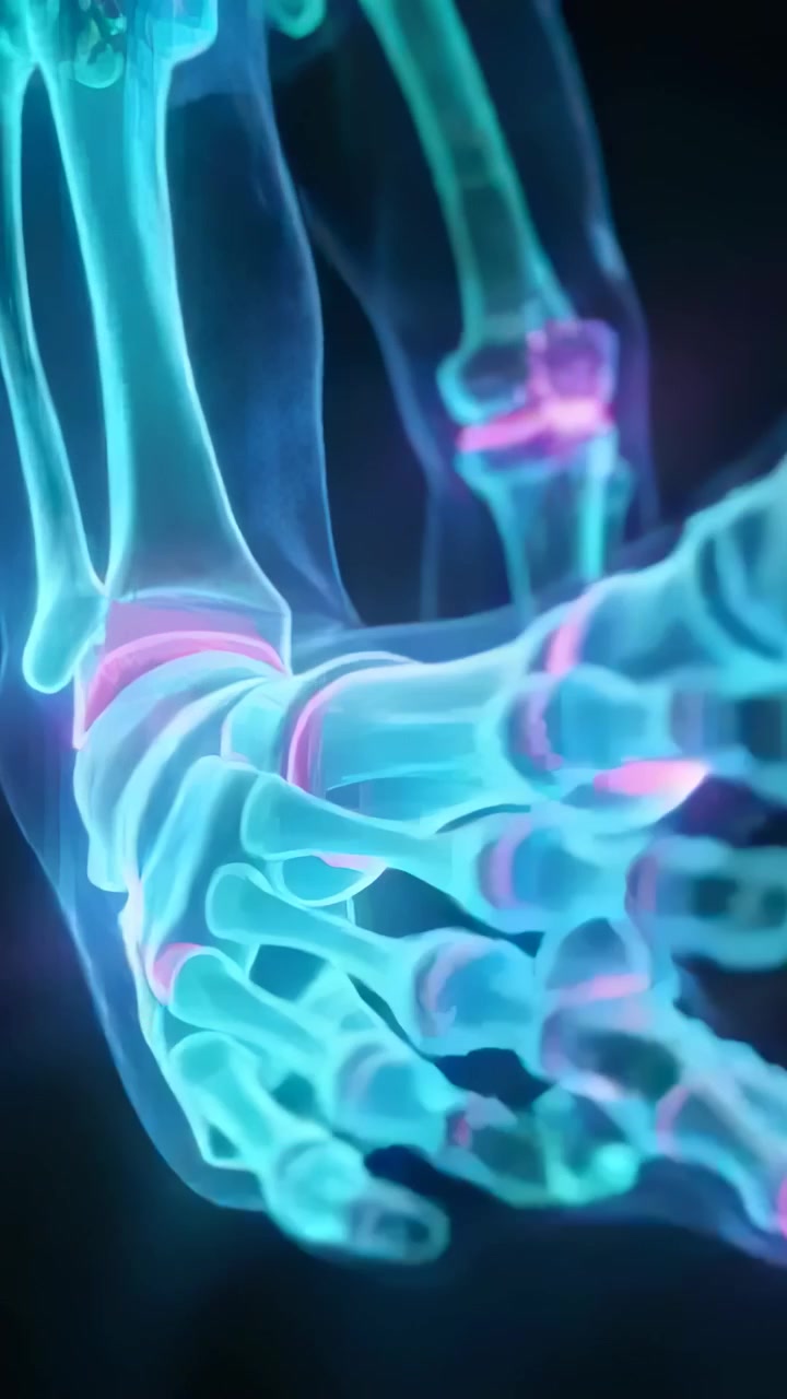 Vertical video: Starting with lit ankle, foot rotating in 3D, showing cyan bones, magenta joints