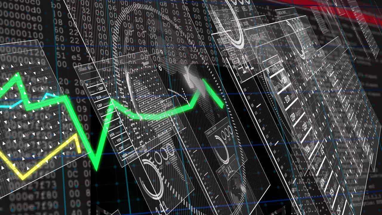 Fluctuating green line graph with currency symbols on digital financial data