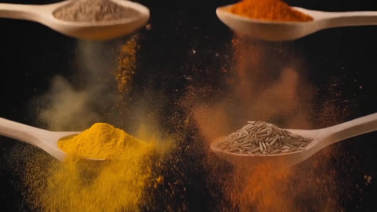 Spezie colorate versate su cucchiai di legno su sfondo nero