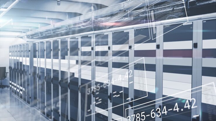 Animation of interface with data processing and light trails against computer server room
