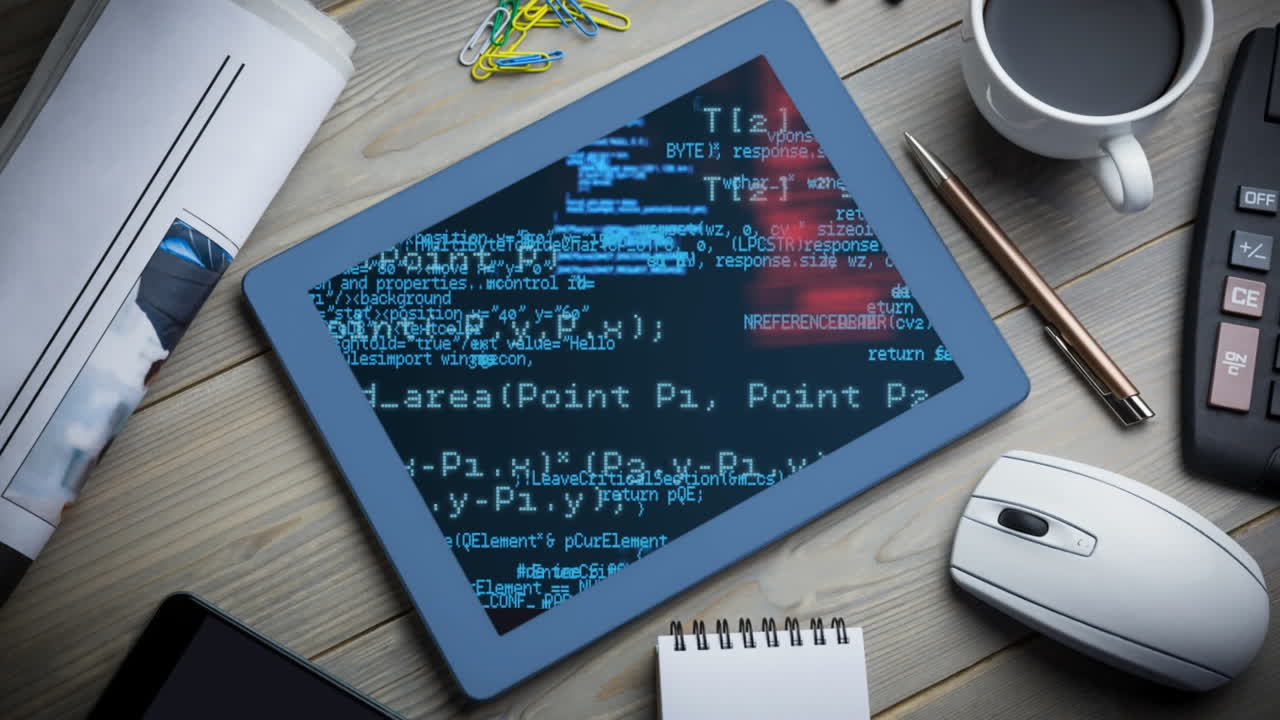 composición digital del procesamiento de datos en la pantalla de la tableta digital en la mesa de la oficina