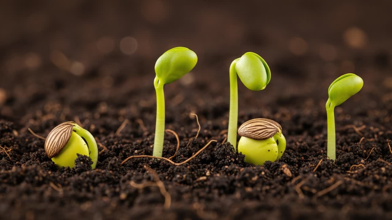 Green Seedlings Sprouting from Dark Soil