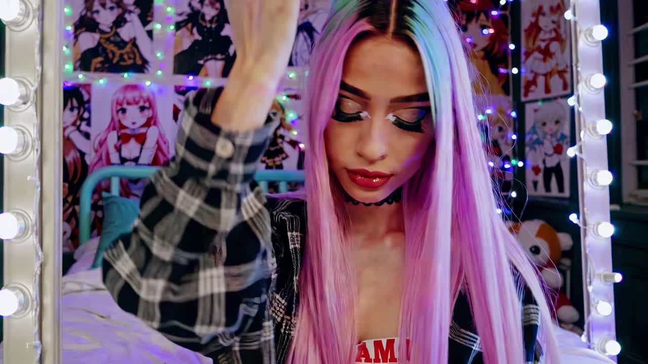 활기찬 머리카락과 메이크업을 가진 세련된 여성