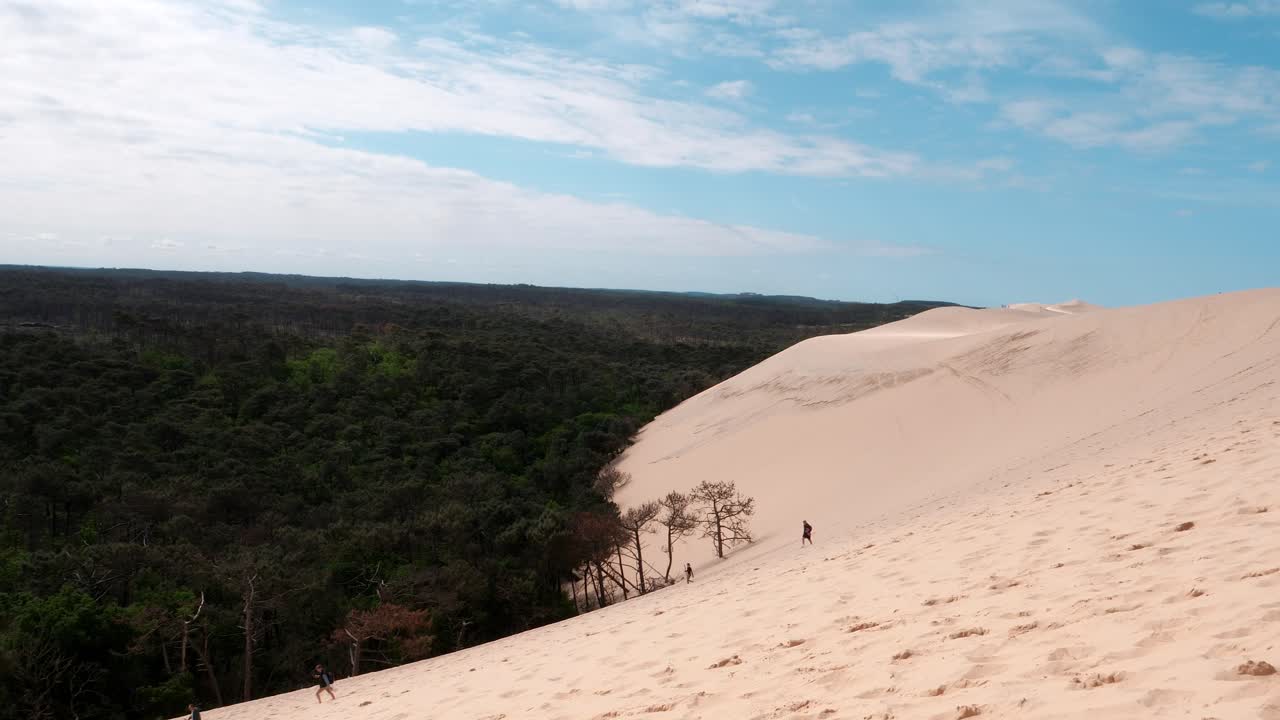 toma panorámica de la famosa duna du pilat en francia junto al paisaje forestal a la luz del sol - gente caminando por la duna de arena - panorámica amplia - la duna móvil más grande de europa