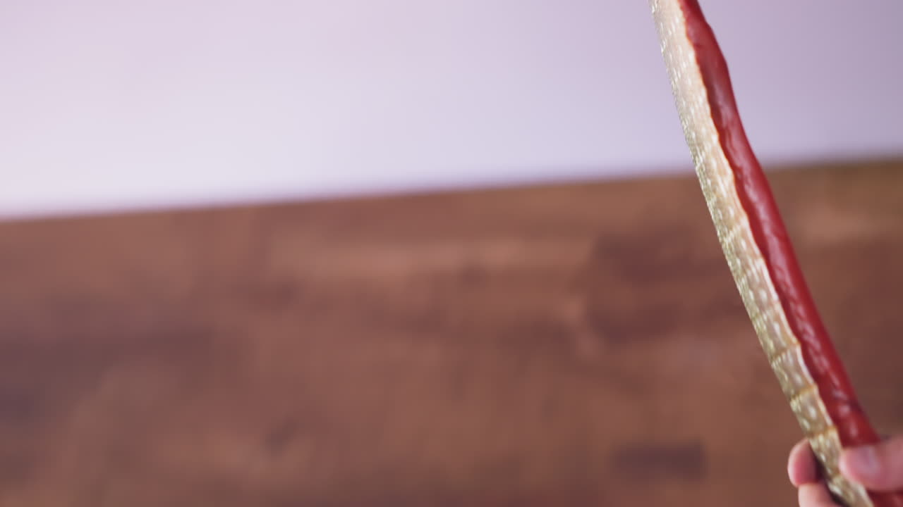 la persona se levanta y golpea el salmón ahumado fresco en la mesa de madera
