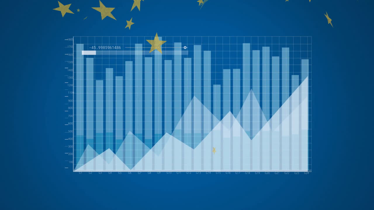 Animasjon av behandling av finansielle data over stjernene i EU-flagget på blå bakgrunn