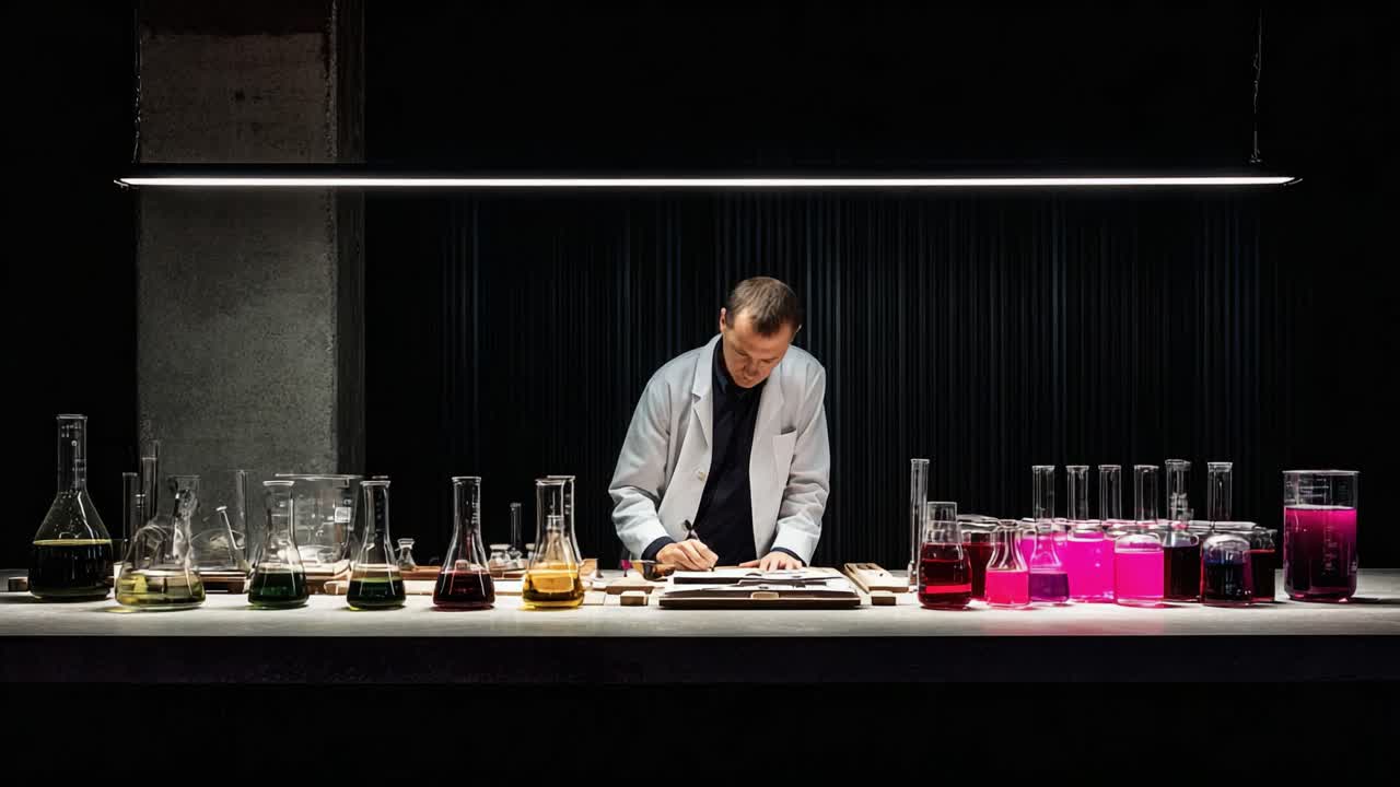A Focused Scientist Conducts Experiments in a Darkened Laboratory, Surrounded by Colorful Chemicals in Various Glassware, Engaging in Groundbreaking Research