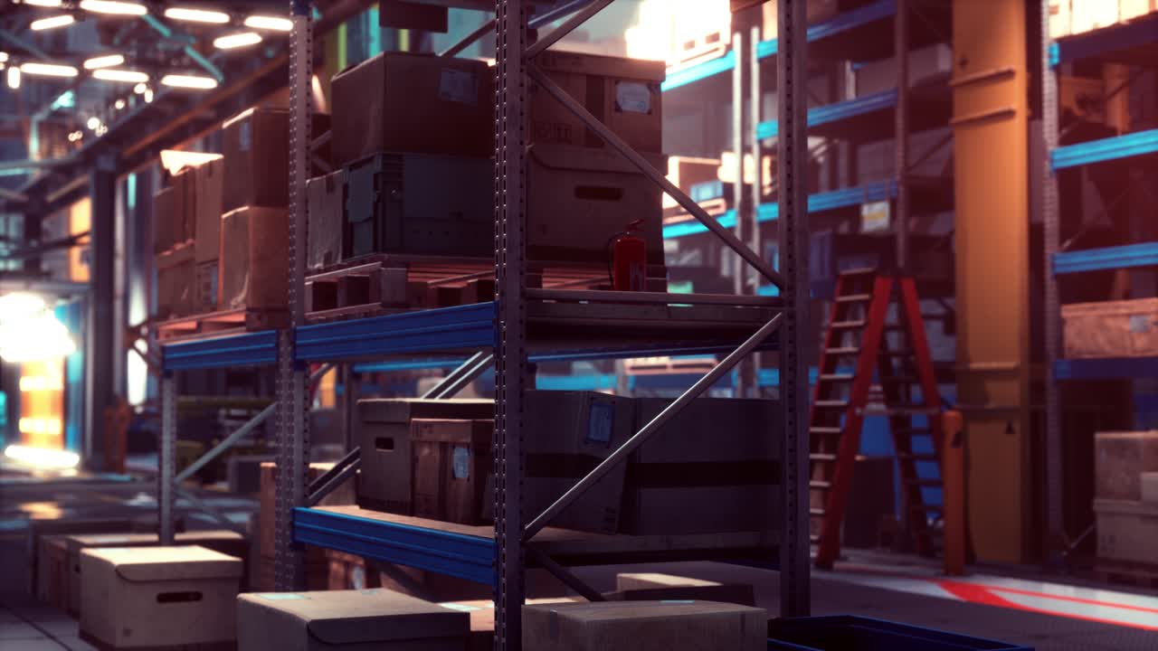 카드보드 상자 어리 를 가진 현대적 인 창고 선반