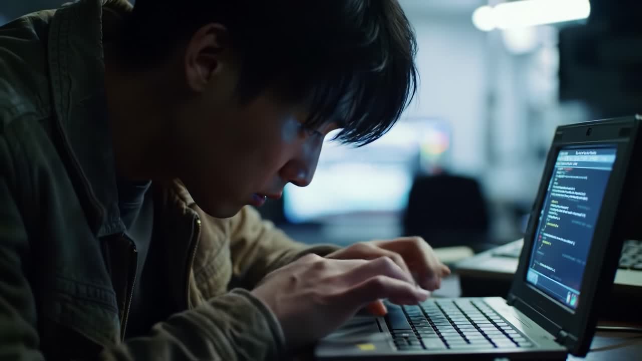 A Focused Individual Engaged in Coding on a Laptop in a Dimly Lit Environment, Showcasing the Intensity and Concentration of Modern Technology Interaction