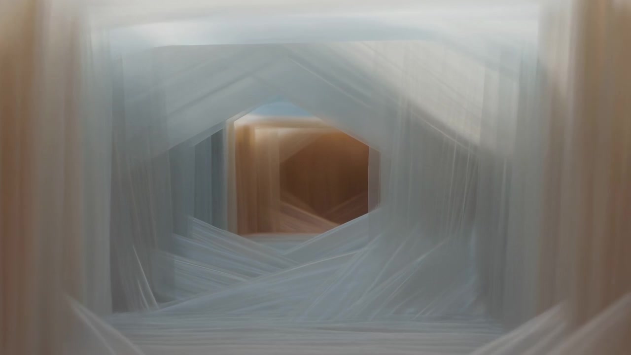 Middle sequence frame of a centered abstract hexagonal tunnel with soft motion blur in warm beige, brown, and gray tones