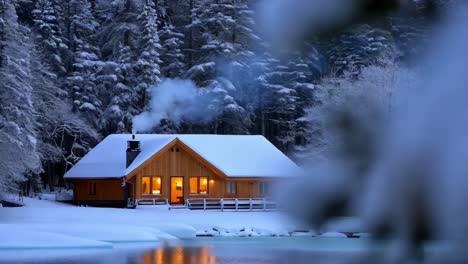 cabaña de invierno junto a un lago congelado