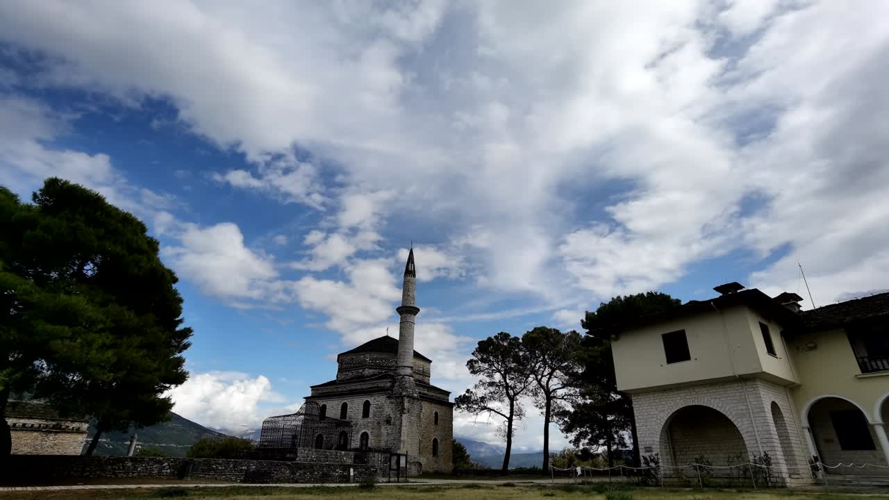 ioannina city its kale mosque in autumn clouds movement, greece
