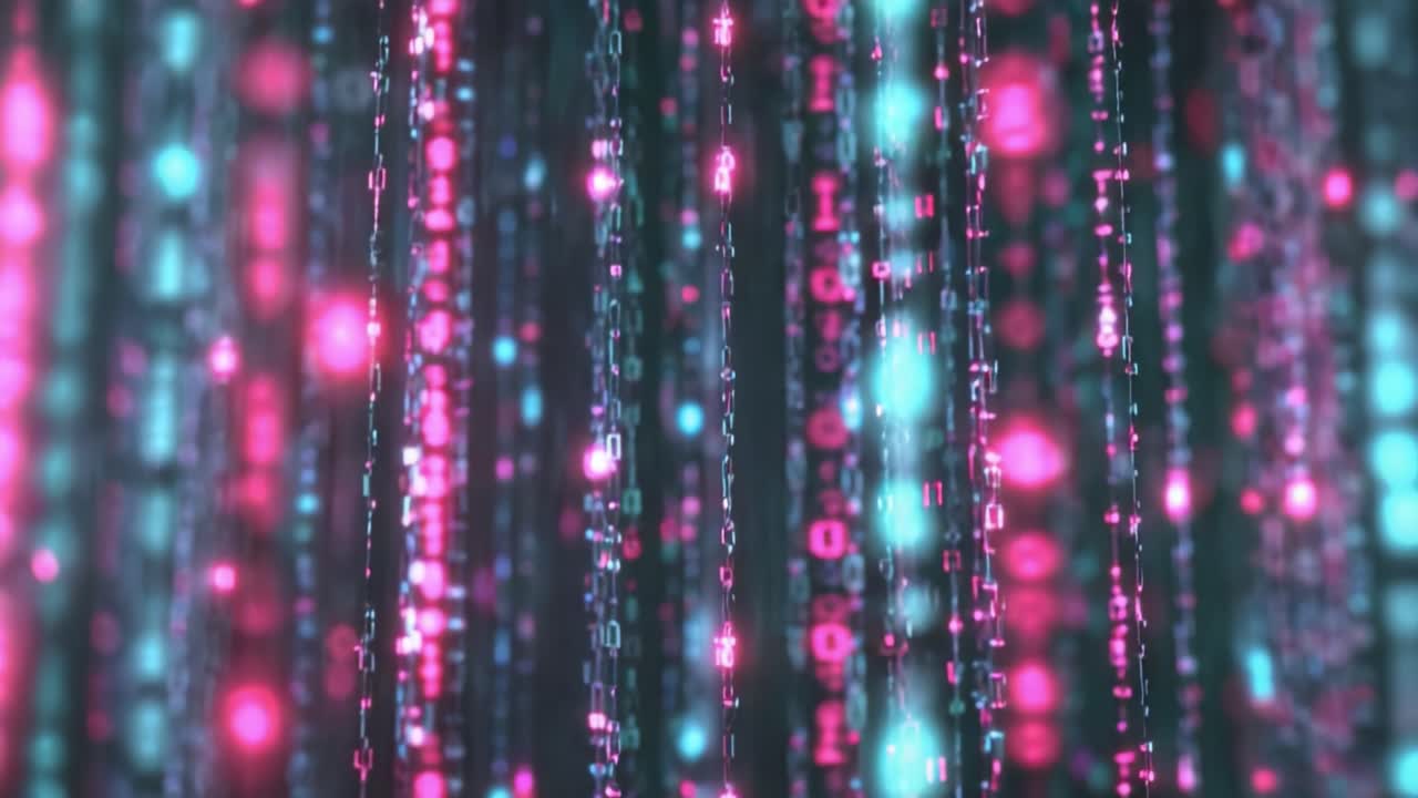 Dynamic Visual Representation of Data Streams: Exploring the Aesthetic of Colorful Binary Code Through Vibrant Light Patterns and Glowing Effects