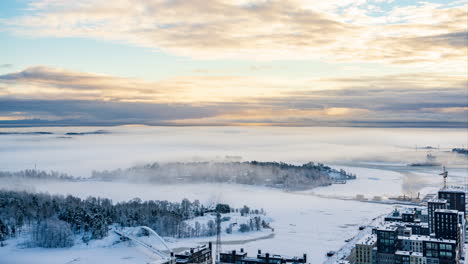 time lapse of fog moving over the korkeasaari island, winter evening in helsinki
