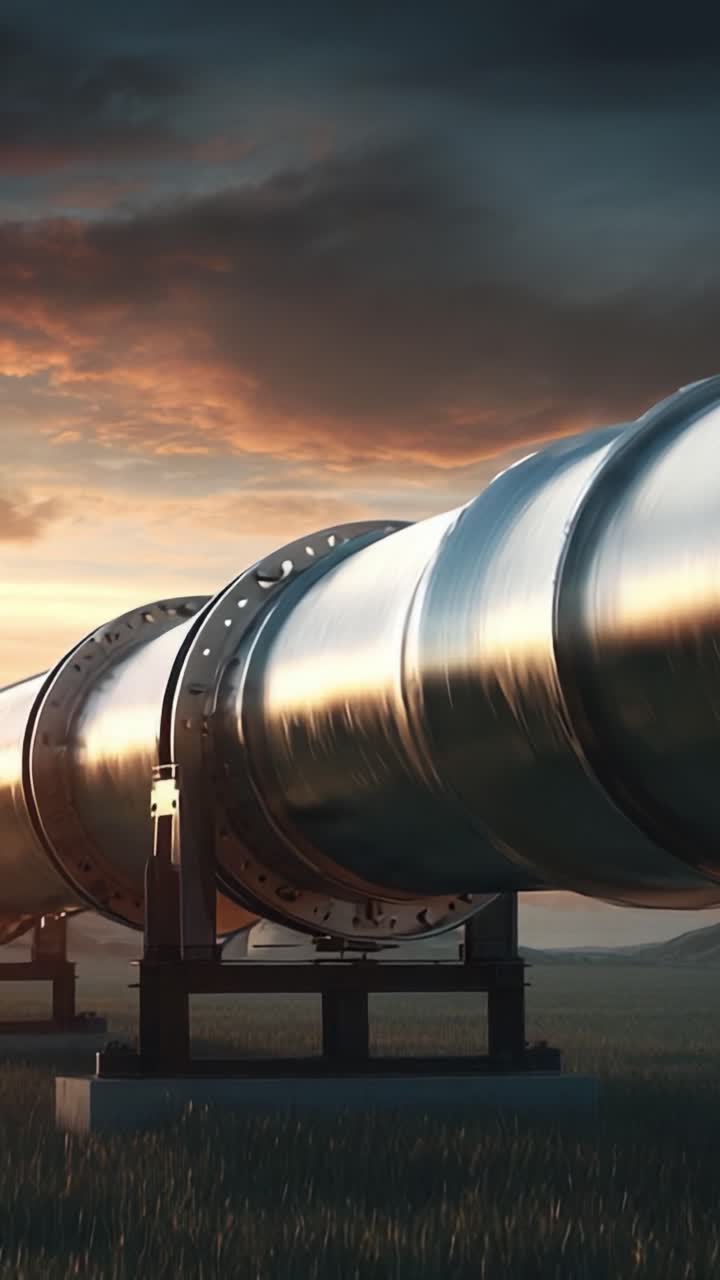Una tubería brillante extendida por el paisaje al atardecer, destacando la ingeniería industrial y la innovación en infraestructura en una atmósfera cautivadora.