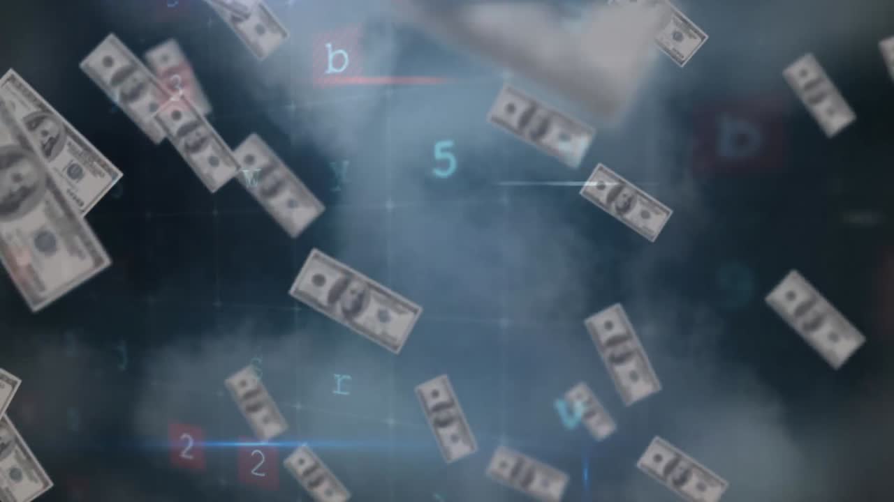 떨어지는 지폐 위에서 움직이는 데이터 처리의 애니메이션