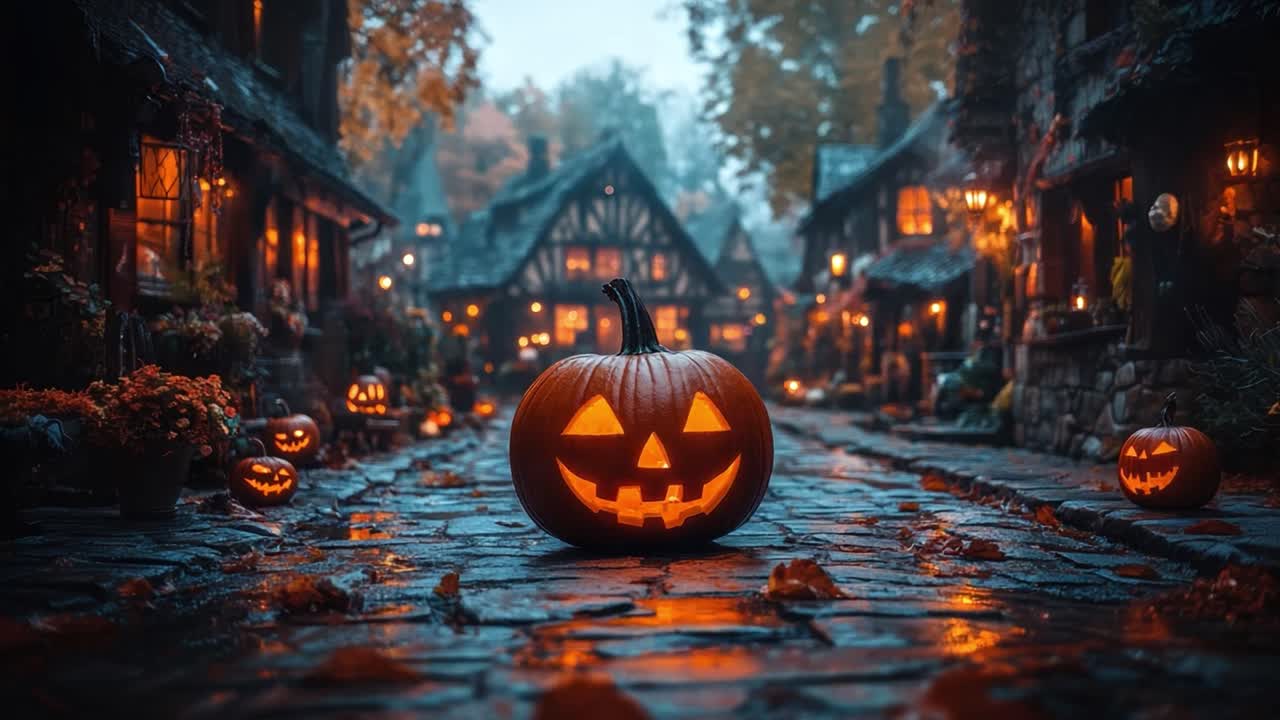 Halloween pumpkins in a charming village