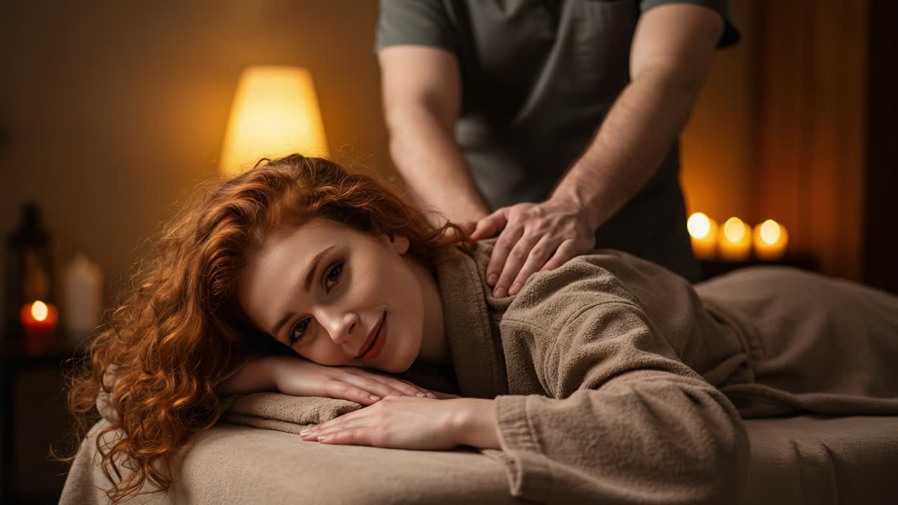 Relaxing Spa Experience: A Serene Massage Session Unfolds with Soft Lighting, Cozy Atmosphere, and Personal Attention to Well-Being and Comfort